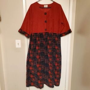 90s Ear Abstracts Red & Plaid Empire Waist Dress 16/18